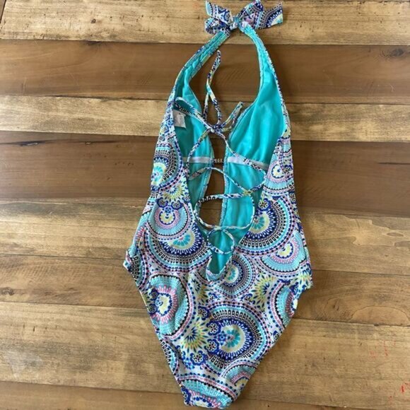 Bar III Women's Printed Plunge Lace Up Back One-Piece Swimsuit, Blue Multi, Smal - Picture 4 of 7